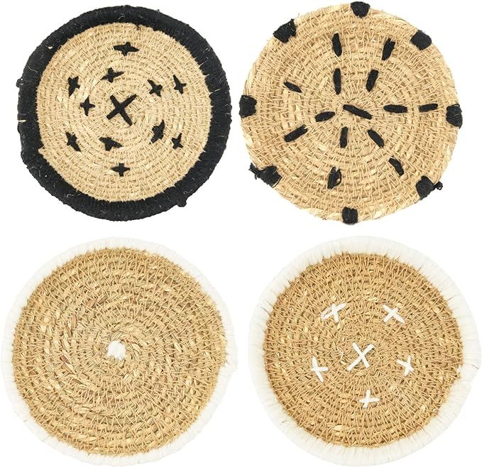 Creative Co-Op Round Handwoven Natural Seagrass Stitching (Set of 4 Burlap Bag) Coasters, Black, ... | Amazon (US)