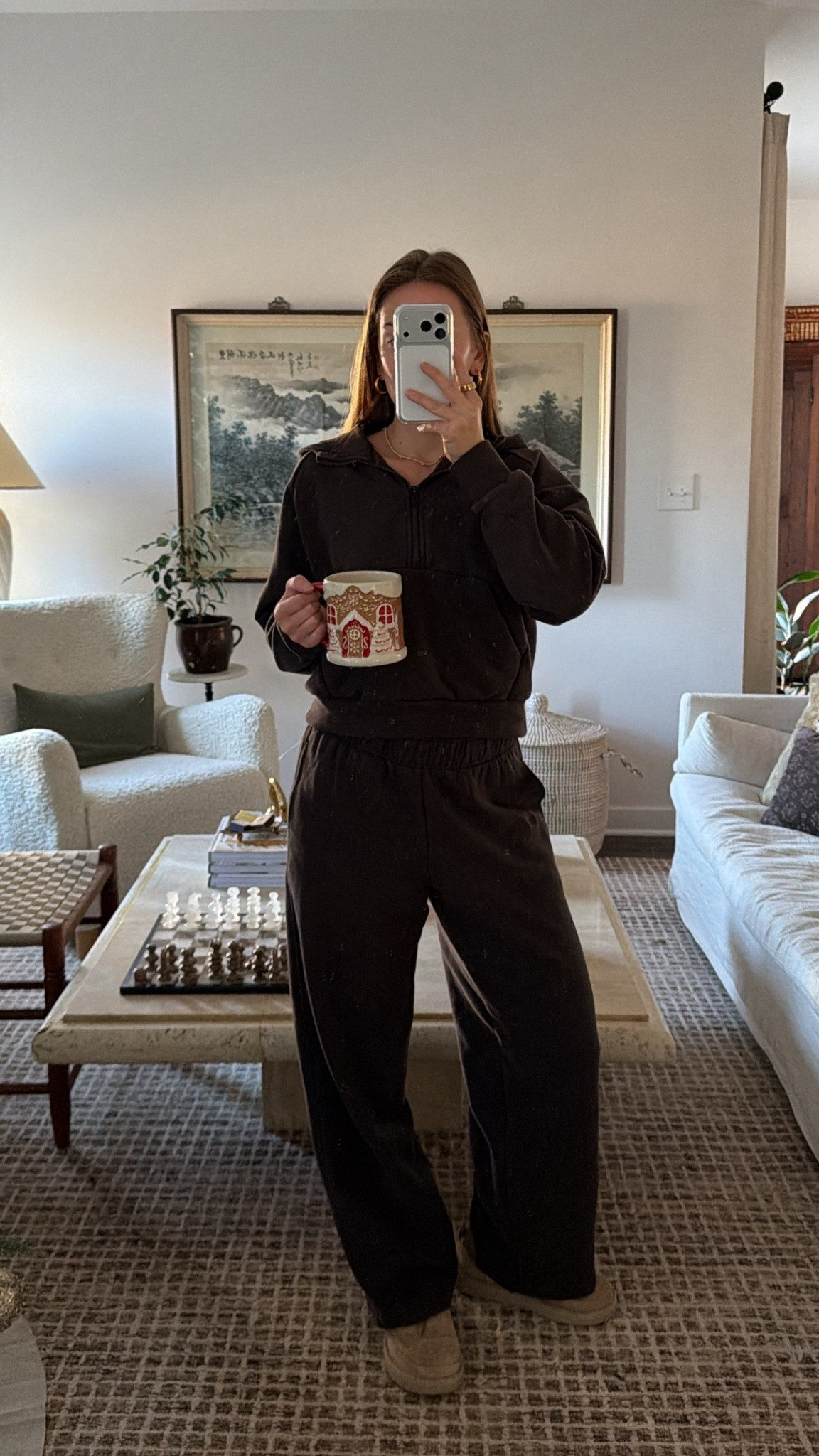 12/9/25 my cozy morning loungewear outfit, linking my Athleta brown sweatpants set — the comfiest, coziest set for chilly winter mornings. Wearing an xs in the pants and s in top!

#LTKootd #LTKmorningroutine #LTKgrwm