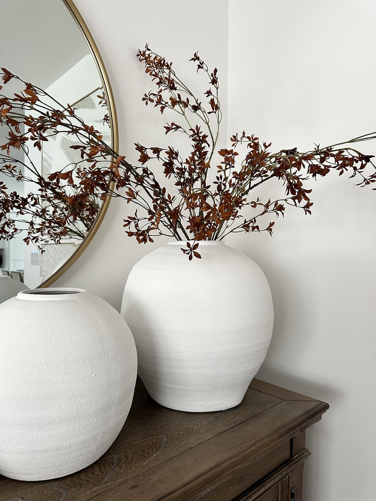 New fall stems. Orange and brown colored faux stems. Fall home decor. White modern organic vases. Console styling. | Amazon (US)