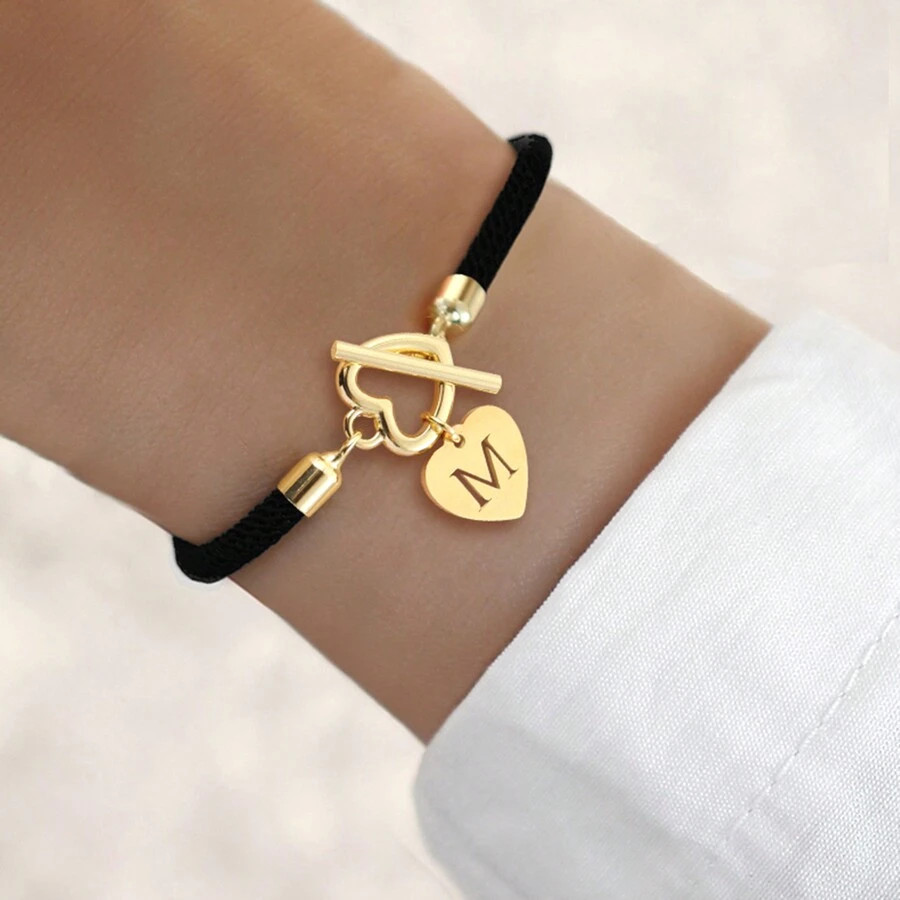 1pc New Classic Gold Color Stainless Steel Heart Hollow Initial Adjustable Rope Bracelet For Wome... | SHEIN