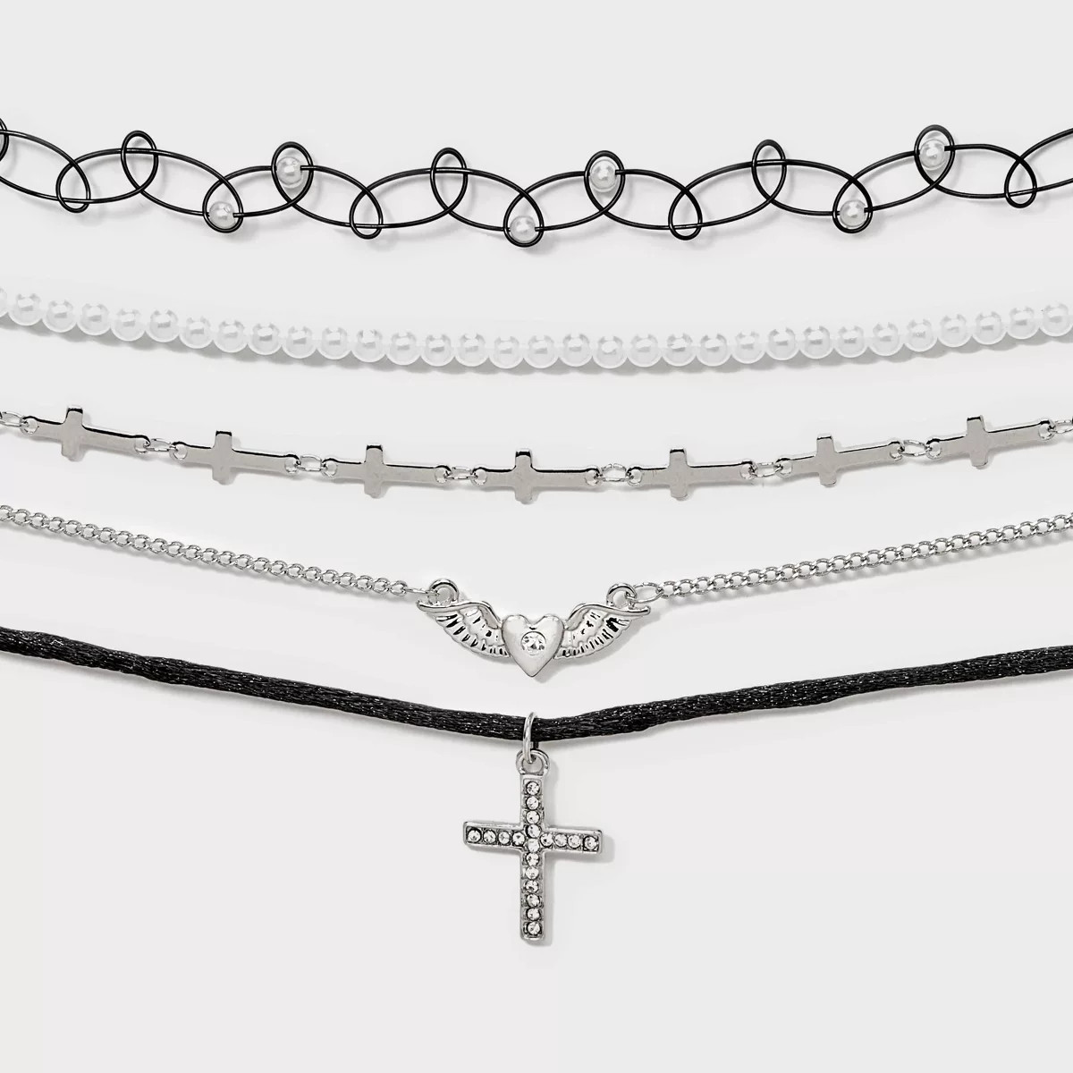 Dainty Chain with Crosses & Winged Heart Charms Choker Necklace Set 5pc - Wild Fable™ Black/Sil... | Target