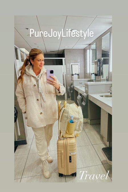 Travel, travel outfit, trendy luggage, airport outfit, loungewear, matching set, shacket, boots, booties, hair tie, backpack , beige, winter white, winter outfit, ootd

#LTKstyletip #LTKSeasonal #LTKtravel