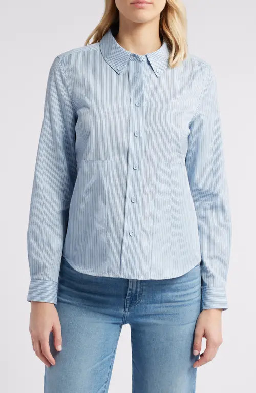 Wit & Wisdom Stripe Cotton Blend Button-Down Shirt in Light Blue /Navy at Nordstrom, Size Medium | Nordstrom