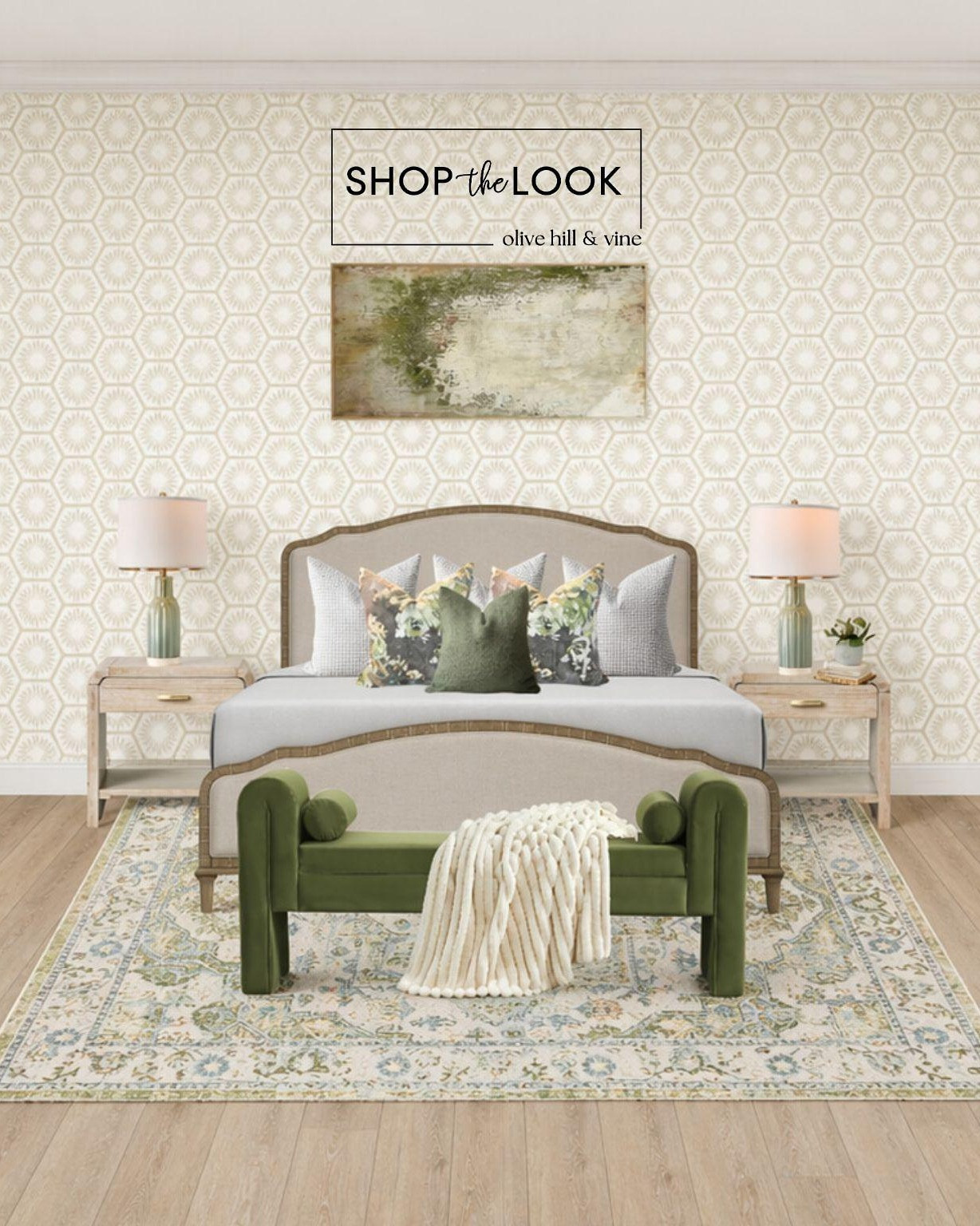 This is the kind of green we keep coming back to. The upholstered bench, layered pillows, and soft patterned rug ground the space, while that geometric wallpaper adds just enough interest. It all lands calm, polished, and quietly elevated. 

 

#LTKHome