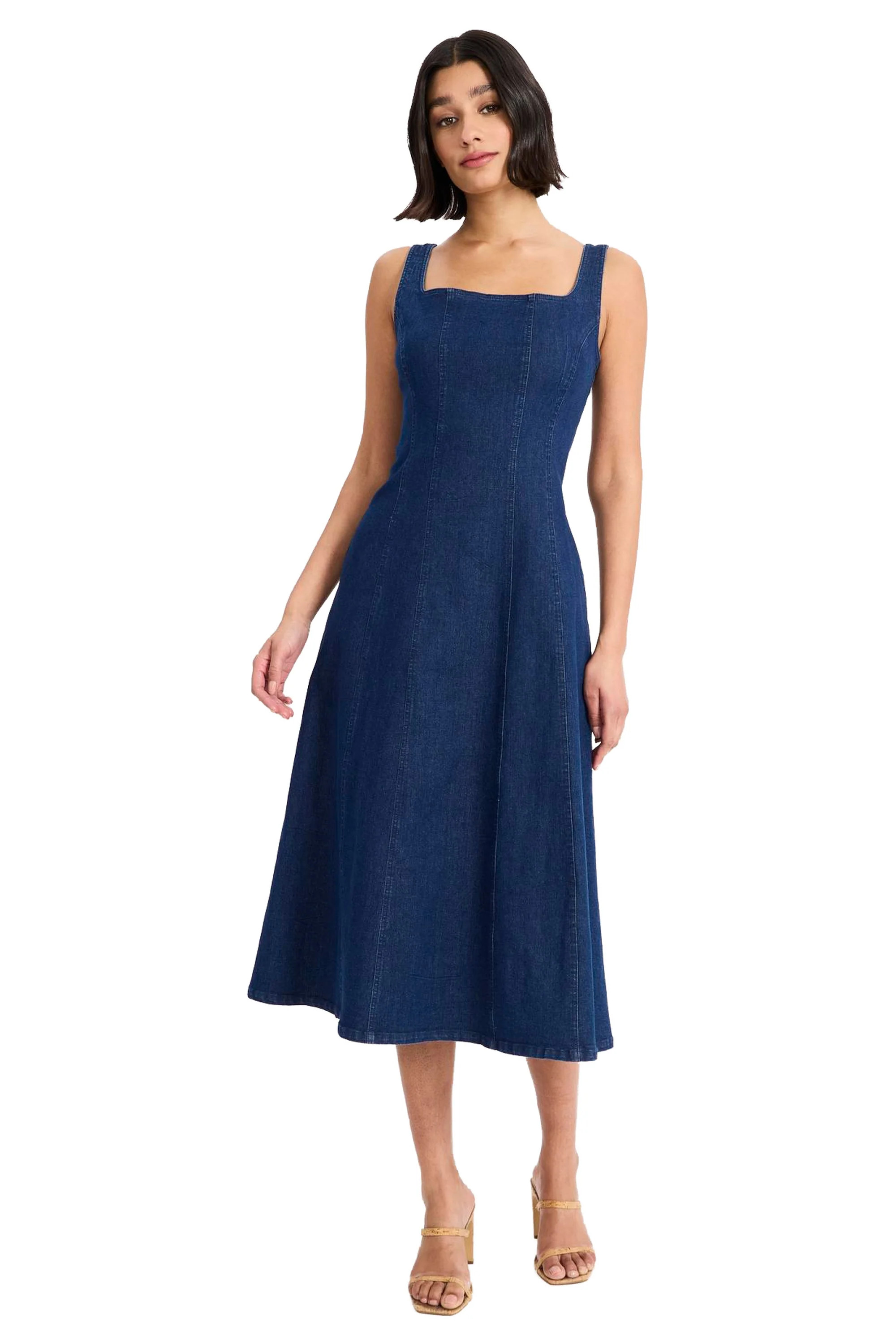 Arielle Cotton Stretch Square Neck Denim Midi | Maggy London