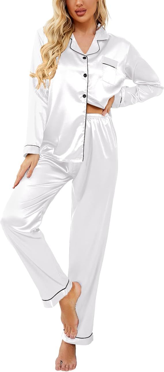 Ekouaer Womens Silk Satin Pajamas Set Black Loungewear Two Piece Sleepwear Button Down Pj Set | Amazon (US)
