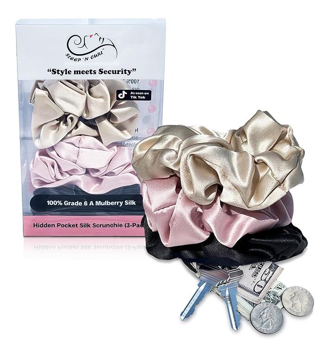 100% Pure Mulberry Silk HIDDEN POCKET Hair Band Scrunchies for Women & Girls (3-PACK) with SECRET... | Amazon (US)