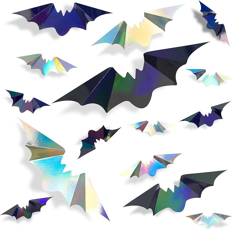 72Pcs Bats Halloween Decoration Iridescent 3D Bats Wall Decor Black Silver Holographic Paper Deco... | Amazon (US)
