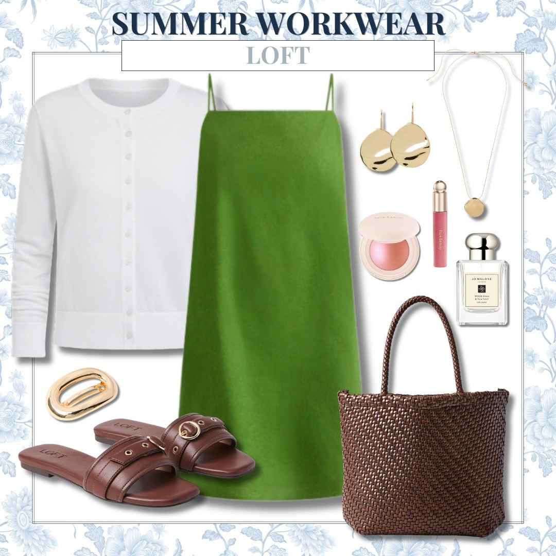 The swing dress that makes summer workwear feel effortless. Styled with a lightweight cardigan, woven tote, and neutral accessories for a polished office ready look.

Sizing:
• Dress: Small
• Cardigan: Small
• Sandals: Size 7.5, true to size

summer workwear, LOFT style, swing dress, office outfit, workwear inspiration, green dress, cardigan outfit, summer office style, business casual outfit, neutral accessories, woven tote, elevated everyday style, women’s fashion, AudrieDollins

#LTKWorkwear #LTKTravel #LTKootd