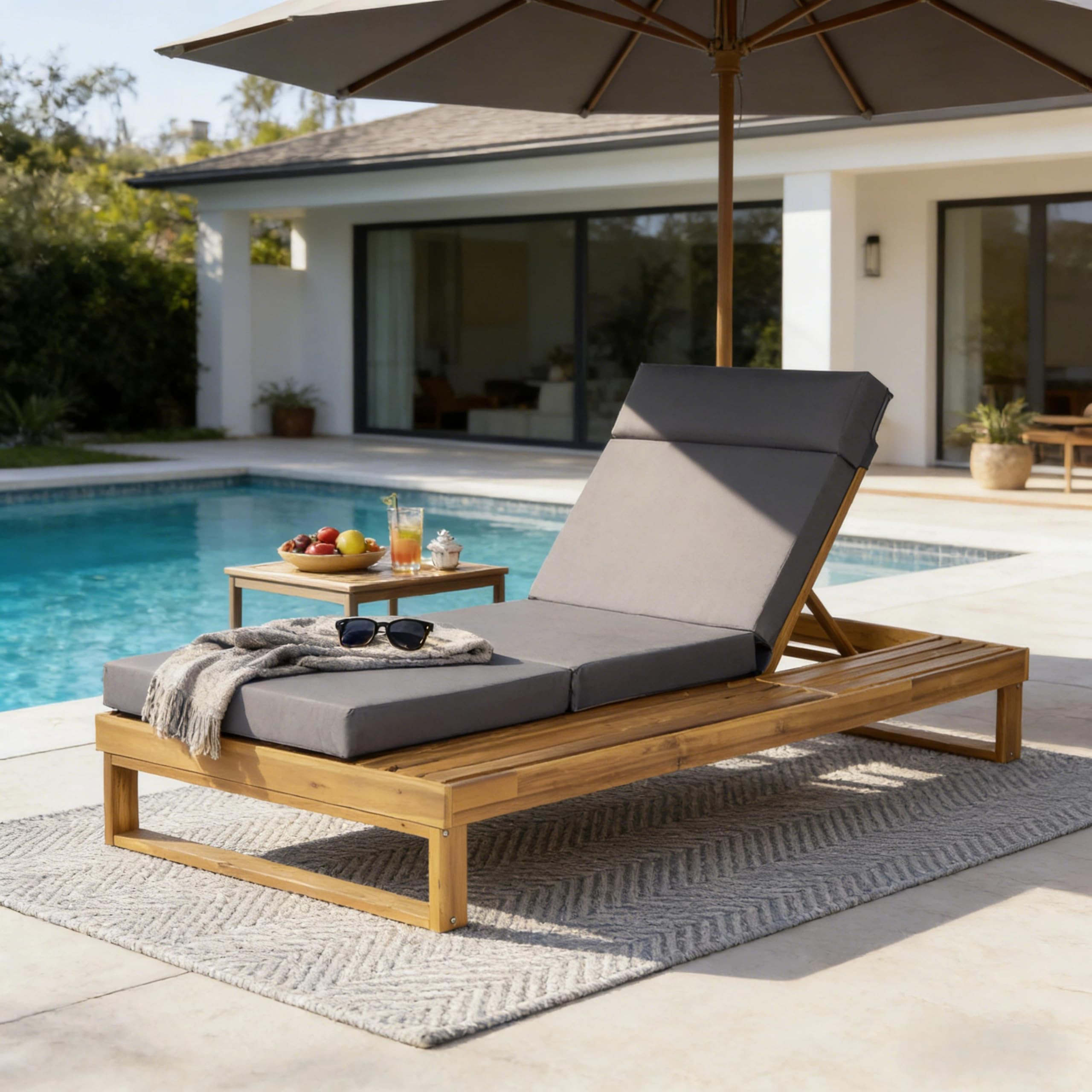 Merax Teak Finish Acacia Wood Chaise Lounge with 4-Inch Dark Gray 4-Fold Cushion Set, Adjustable Outdoor Patio Lounger with Flat Side Surface, for Poolside | Amazon (US)
