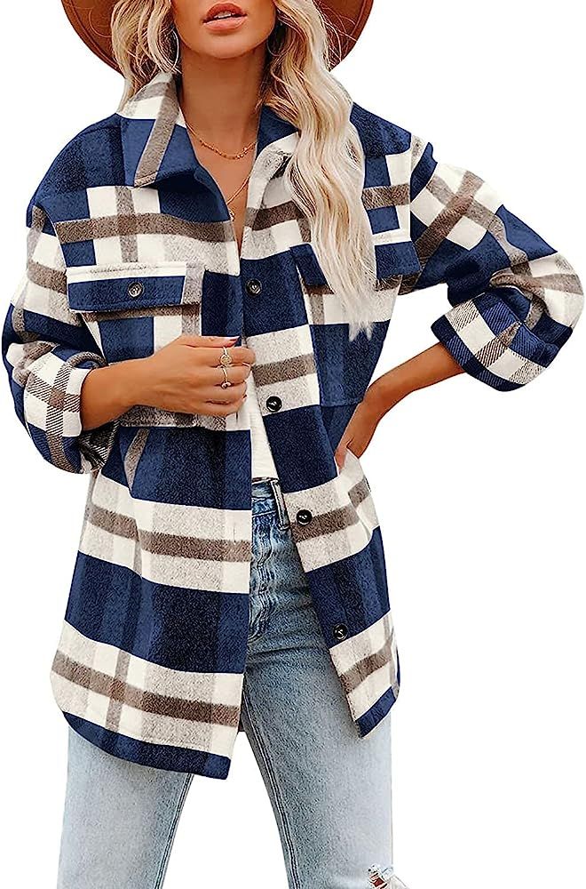 Women's Flannel Plaid Jacket Long Sleeve Button Down Chest Pocketed Shirts Coats Shacket | Amazon (US)