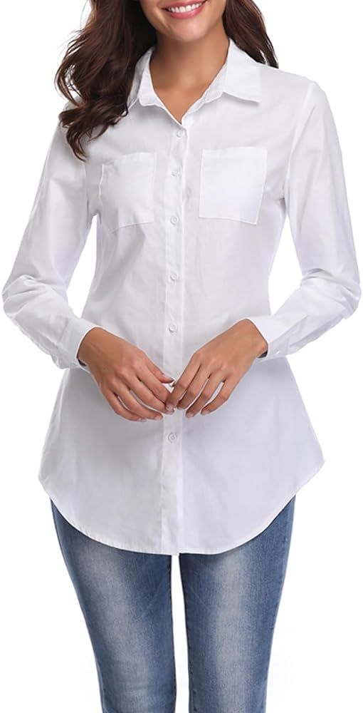 Fuinloth Women's Chambray Button Down Shirt, Long Sleeve Cotton Blouse, Long Jeans Tunic Top | Amazon (US)