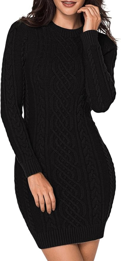 LaSuiveur Women's Bodycon Pullover Mini Sweater Dresses Crew Neck Cable Knit Cocktail Party Dress | Amazon (US)