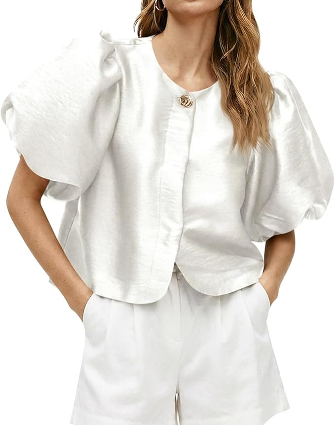 Cicy Bell Womens Silk Satin Shirts Puff Sleeve Button Down Dressy Blouses | Amazon (US)