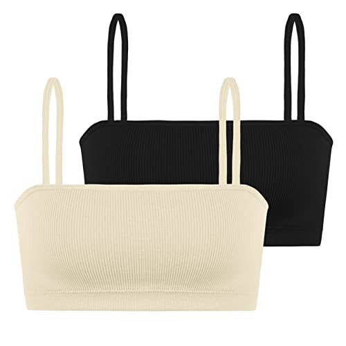 INIBUD Sports Bras for Women Bandeau Padded Ribbed Bralette Adjustable Strap Workout Square Neck Seamless Crop Top Backless (l, Black&Off White) | Amazon (US)