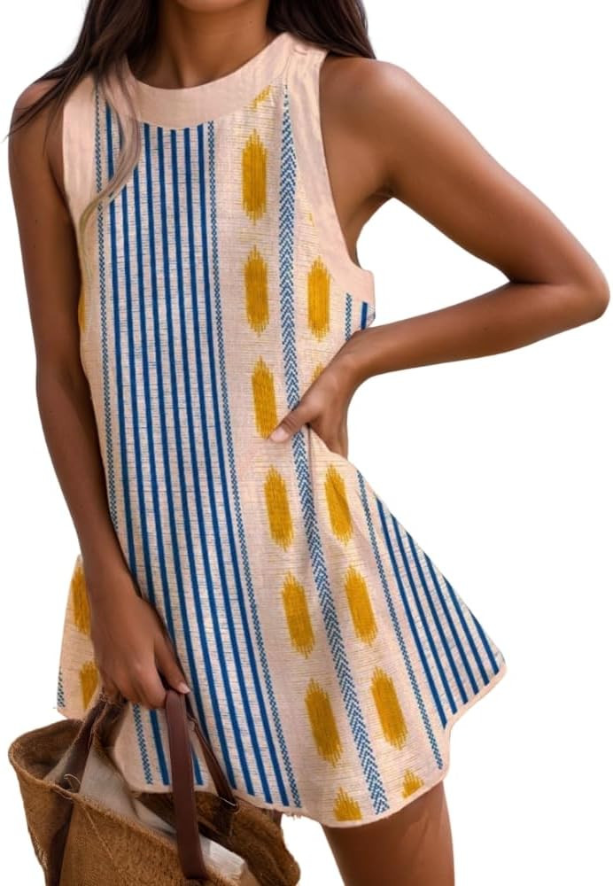 Women's Summer Ocean Animal Print Cotton Linen Mini Tank Dress Casual Loose Sleeveless Beach Vaca... | Amazon (US)