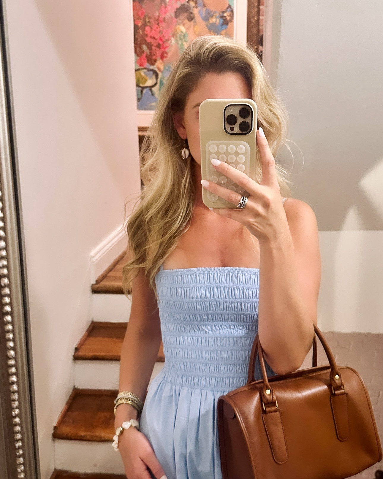 East coast summer 

dress: Theory City Smocked Stretch Poplin Midi Sundress

bag: Coach (Re)Loved Vintage Classic Satchel