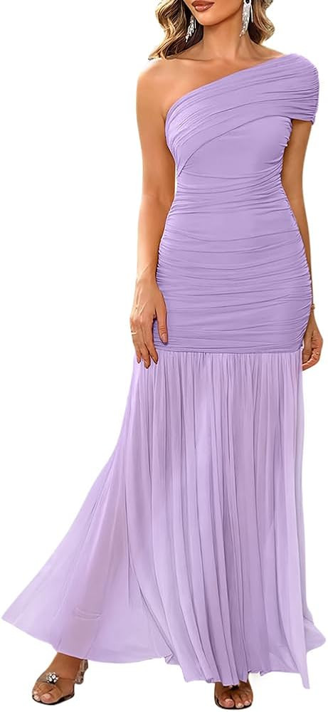 LAGSHIAN Women's Elegant Formal Long Dress One Shoulder Sleeveless Ruched Bodycon Evening Dress | Amazon (US)