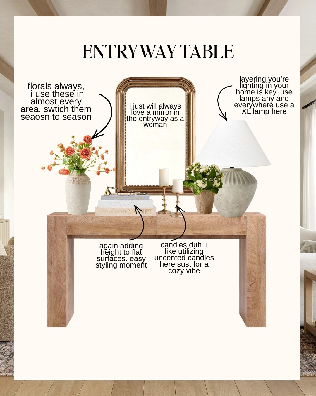 How to style your spaces like a designer 🤍
It’s not about filling every surface — it’s about intentional layering, scale, and lighting.

A few designer rules I swear by:
• Add height to flat surfaces (books, lamps, framed art)
• Layer textures + materials for depth
• Use lighting everywhere — lamps included
• Florals instantly soften and finish a space
• Candles = cozy, always

These are the same principles I use whether I’m styling a bed, entryway, coffee table, or dresser — once you learn them, you can apply them anywhere ✨