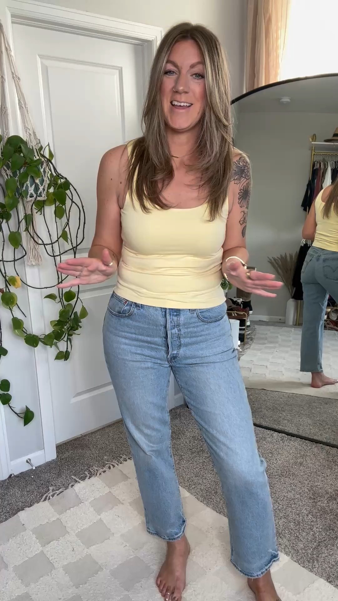 Large tank, comes in tall, 30x29 jeans (3 lengths) 

#LTKMidsize #LTKSaleAlert #LTKOver40