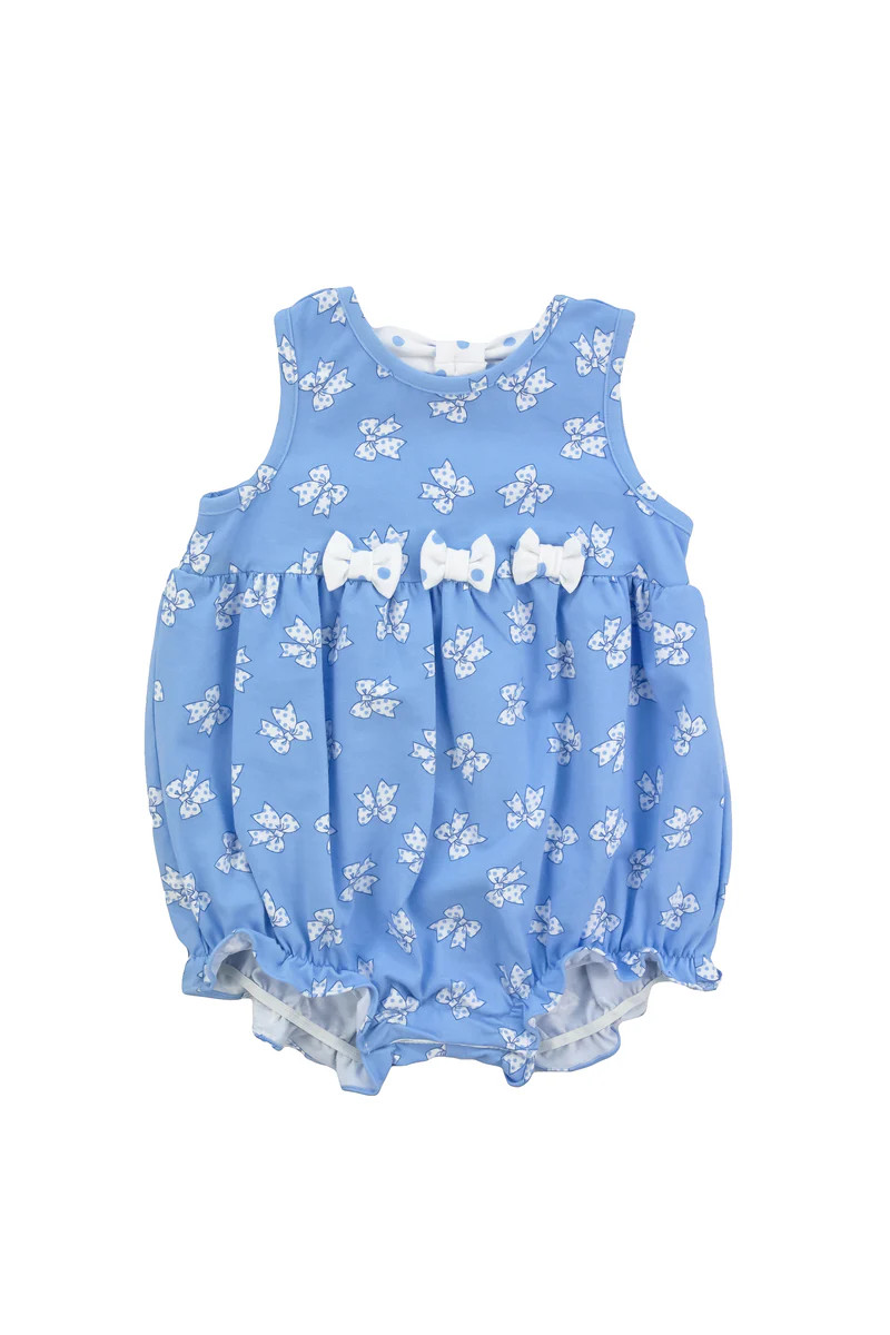 Blue Printed Knit Romper with Bows | Florence Eiseman