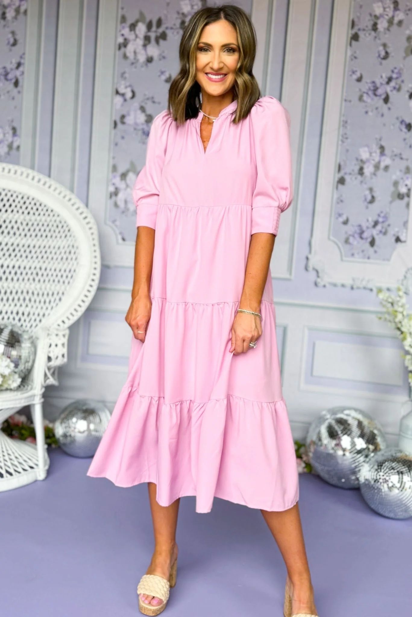 Pink Split Neck Three Quarter Sleeve Tiered Midi Dress | Shop Style Your Senses