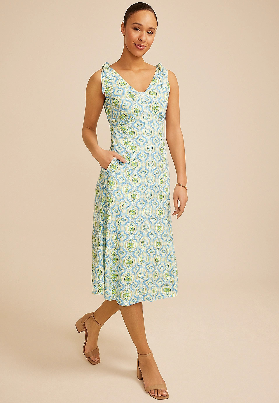 Bare Tie Strap V Neck Midi Dress | Maurices