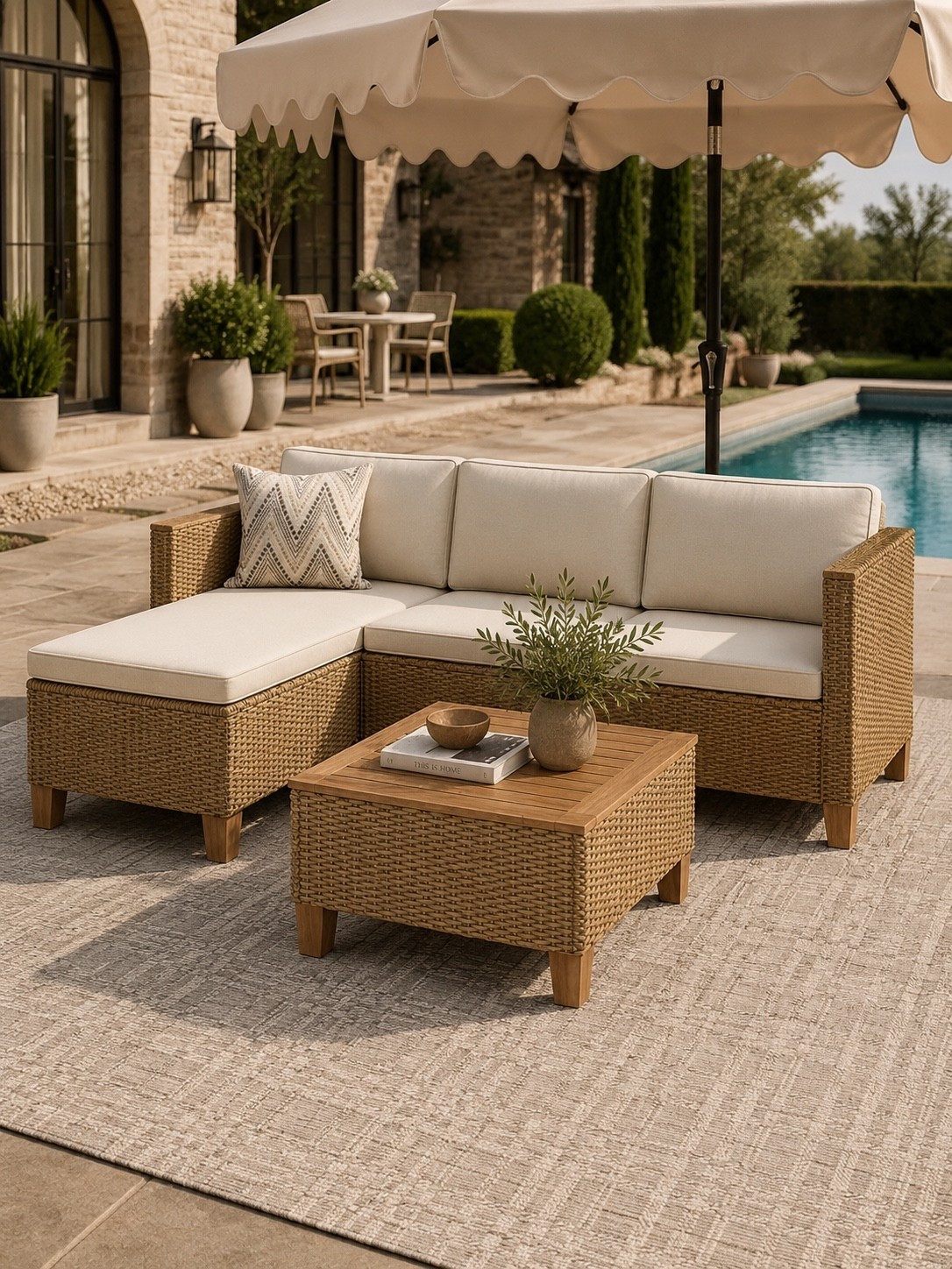 Poolside Patio Perfection ☀️🌿

This outdoor setup feels like a luxury resort right at home ✨ The woven sectional, warm wood accents, soft neutral tones, and scalloped umbrella create the dreamiest poolside lounging space. I love how timeless and elevated everything feels while still being cozy and inviting for everyday summer living 🤍

Linking all my favorite outdoor furniture and patio decor finds on LTK 🌿

Follow @farmtotablecreations on Instagram for more cozy outdoor spaces and elevated home inspiration ✨

#LTKHome #OutdoorLiving #PoolsideStyle #PatioInspo #BackyardGoals #ModernFarmhouse #OutdoorFurniture #NeutralDecor #LuxuryOutdoorLiving #CozyHome #PatioDecor #BackyardInspo #OutdoorStyling #HomeInspo #LTKStyle

#LTKSeasonal #LTKHome #LTKSaleAlert
