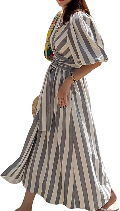 CHARTOU Women Comfy Stripes Beach Dress Summer Puff Short Sleeve Cotton Linen Long Dress with Bel... | Amazon (US)