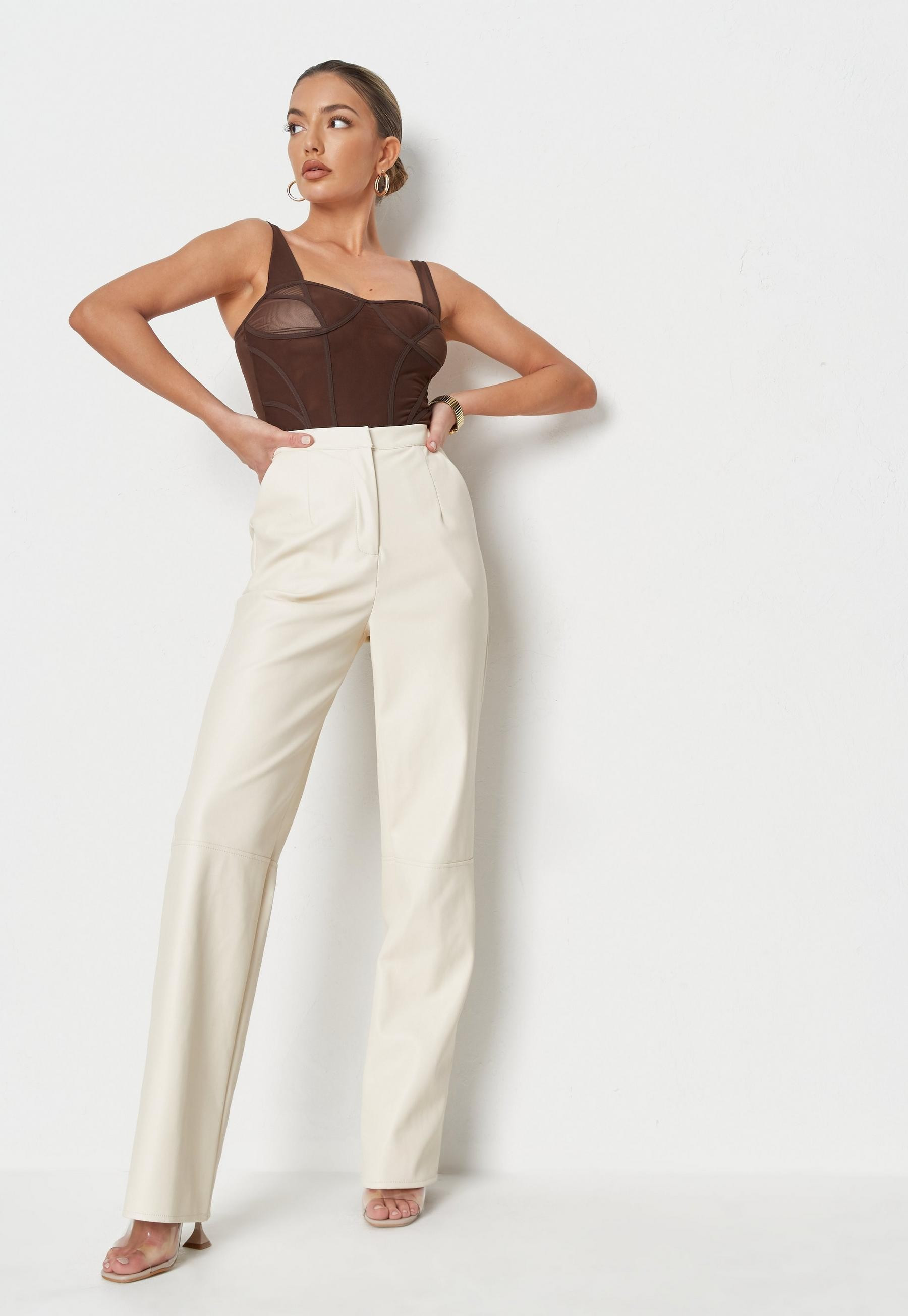 Tall Ivory Faux Leather Seam Detail Trousers | Missguided (UK & IE)