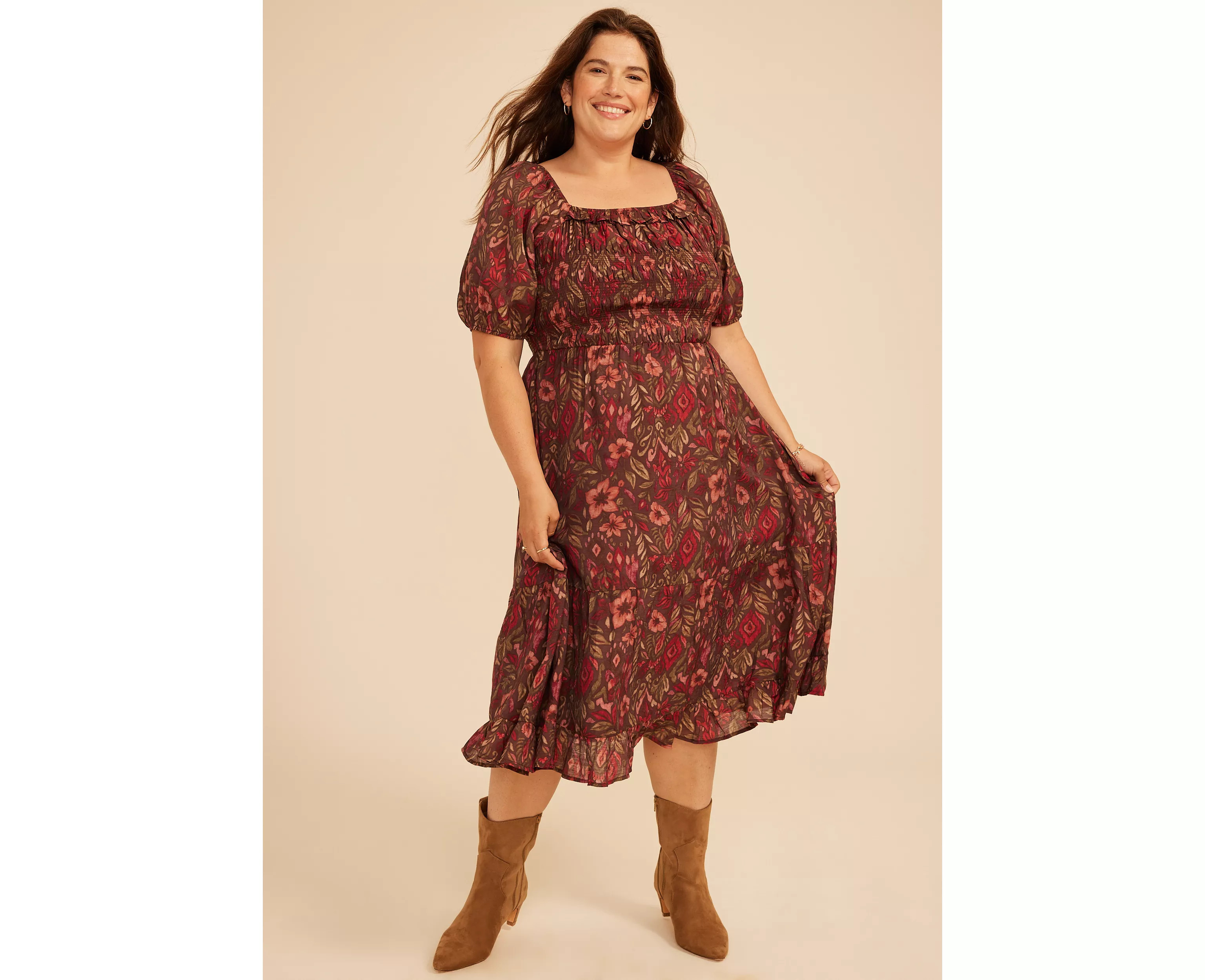 Plus Size Floral Square Neck Smocked Bodice Midi Dress | maurices | Maurices