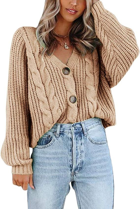 Womens V Neck Button Down Cropped Cardigans Chunky Cable Knit Long Sleeve Sweater Tops Outwear | Amazon (US)