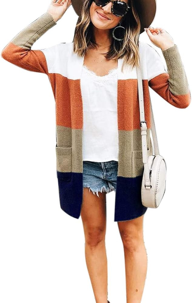 JUNBOON Women's Striped Long Sleeve Open Front Knit Cardigan Casual Pullover Sweater | Amazon (US)