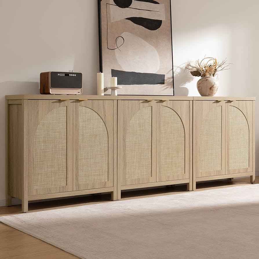 SICOTAS 102"W Rattan Sideboard Buffet Cabinet Set of 3, Mid Century Modern Credenza Storage Cabin... | Amazon (US)