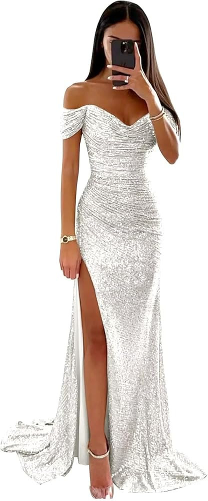 Sevintage Sequin Mermaid Prom Dress for Women Long Off Shoulder Sparkly Bridesmaid Dresses Slit F... | Amazon (US)