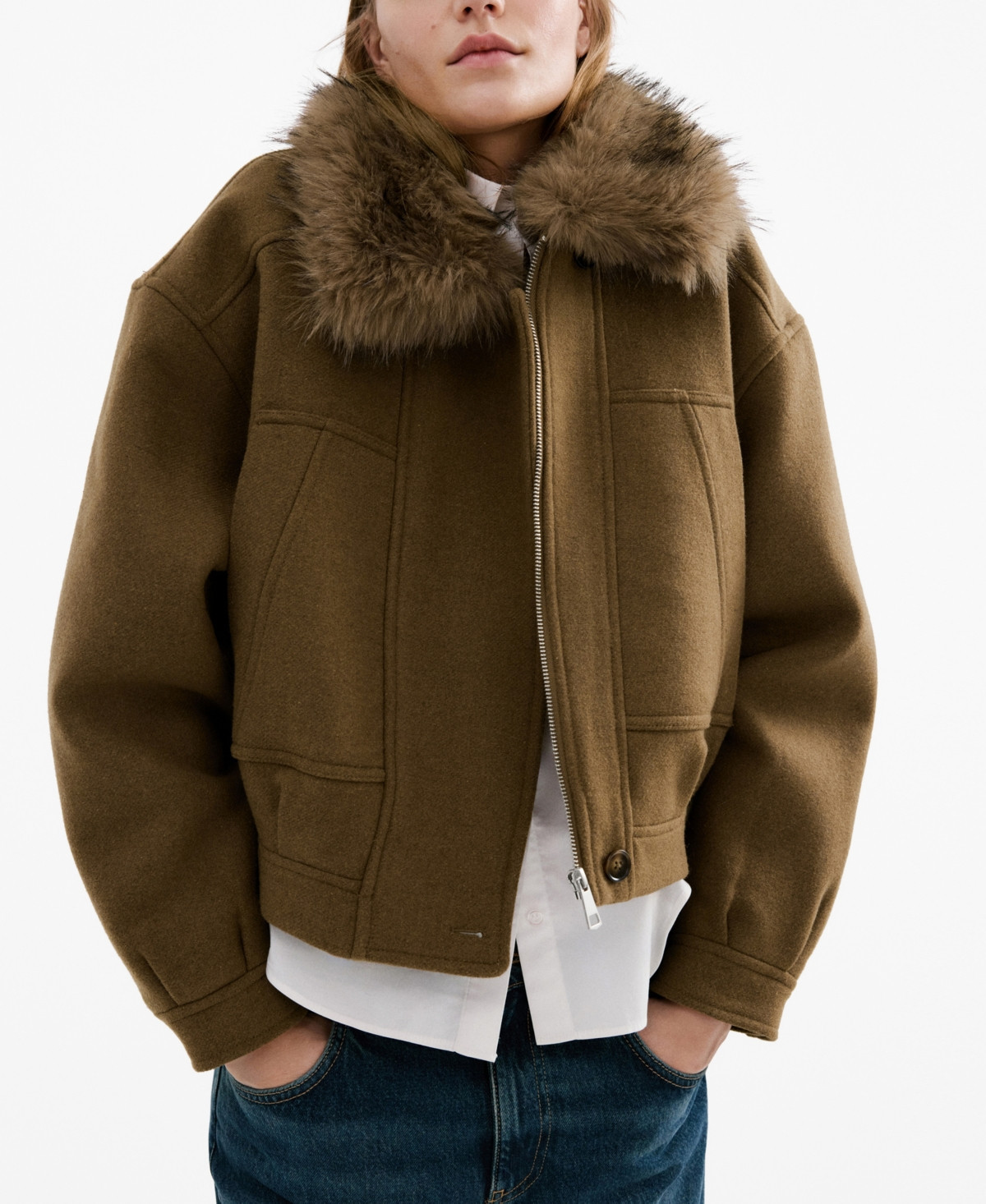 Mango Women's Fur Collar Wool Blend Jacket - Brown | Macy's