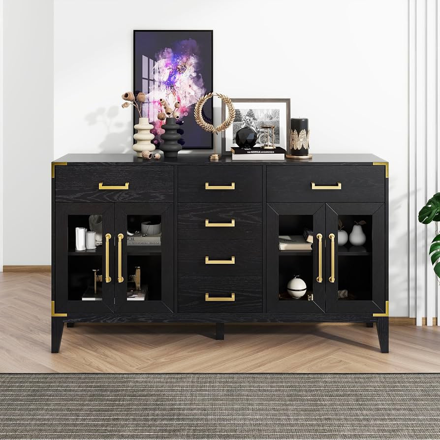 French Buffet Sideboard Cabinet with Drawers and 4 Doors Large Cabinet with Storage and Gold Hand... | Amazon (US)