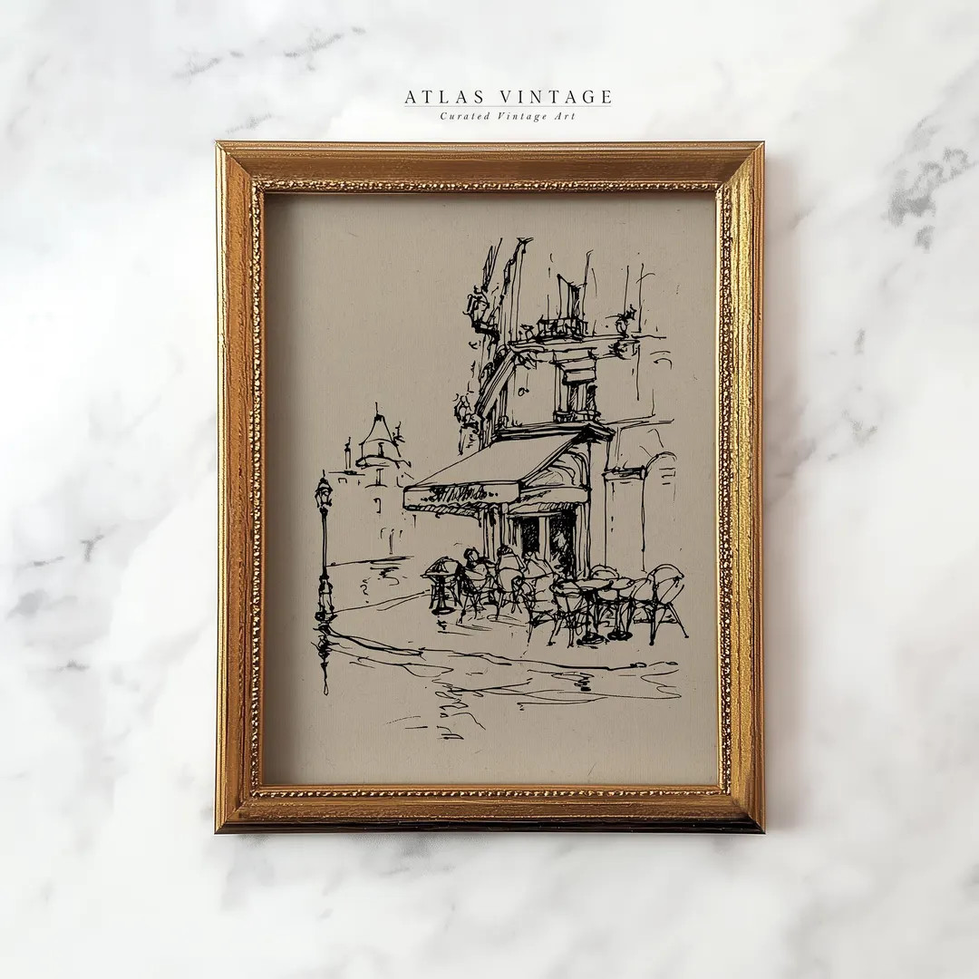 Vintage Parisian Cafe Sketch Print, Minimalist Cityscape Line Drawing Printable Wall Art, French ... | Etsy (US)