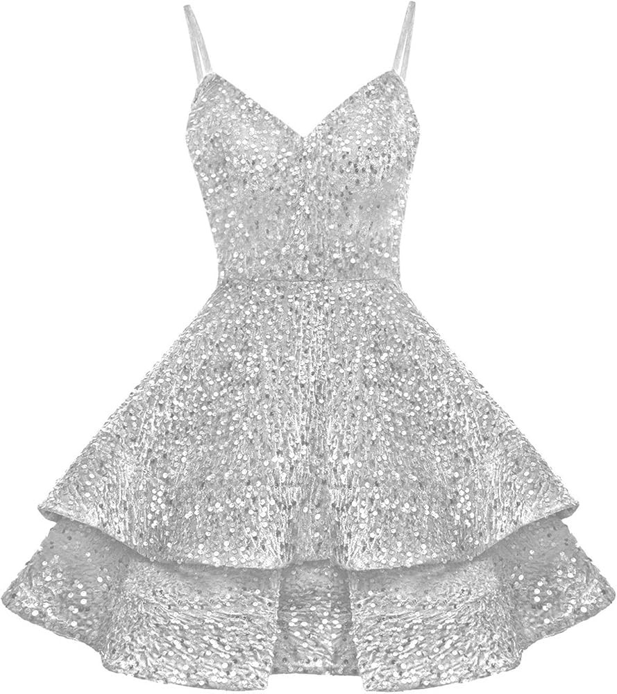 Sparkly Sequin Homecoming Dresses for Teens Tiered Short V Neck Prom Dresses 2024 Formal Cocktail... | Amazon (US)