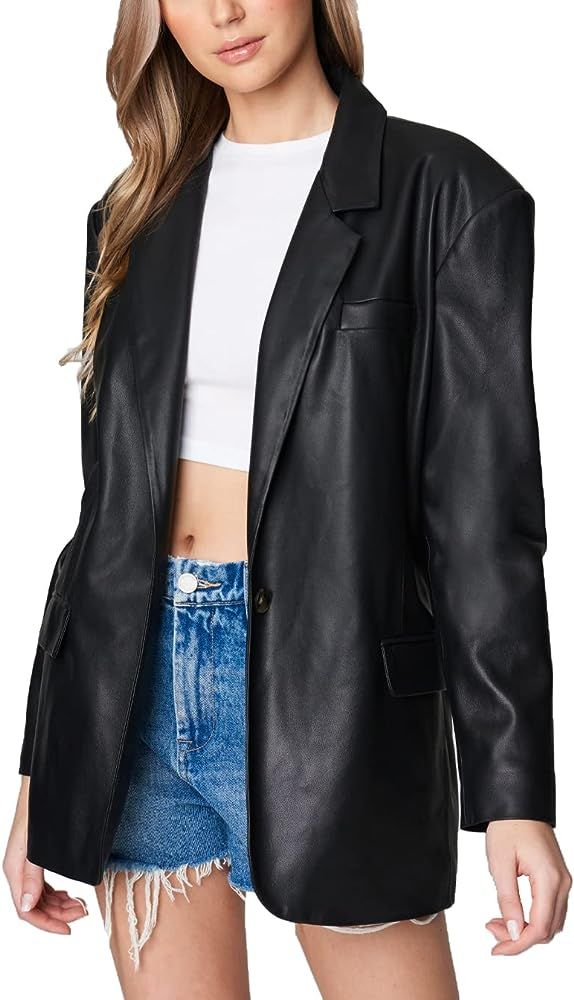 [BLANKNYC] Womens Single Breasted Vegan Leather Blazer, Stylish Coat & Designer Jacket | Amazon (US)