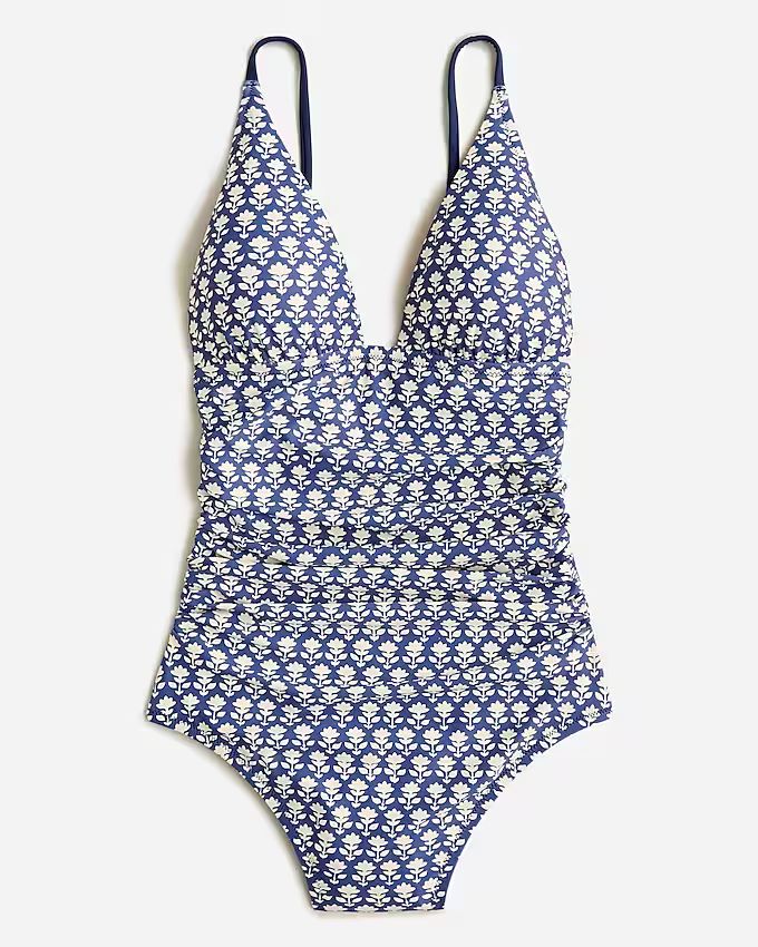 Ruched plunge one-piece swimsuit in blue stamp floral | J.Crew US