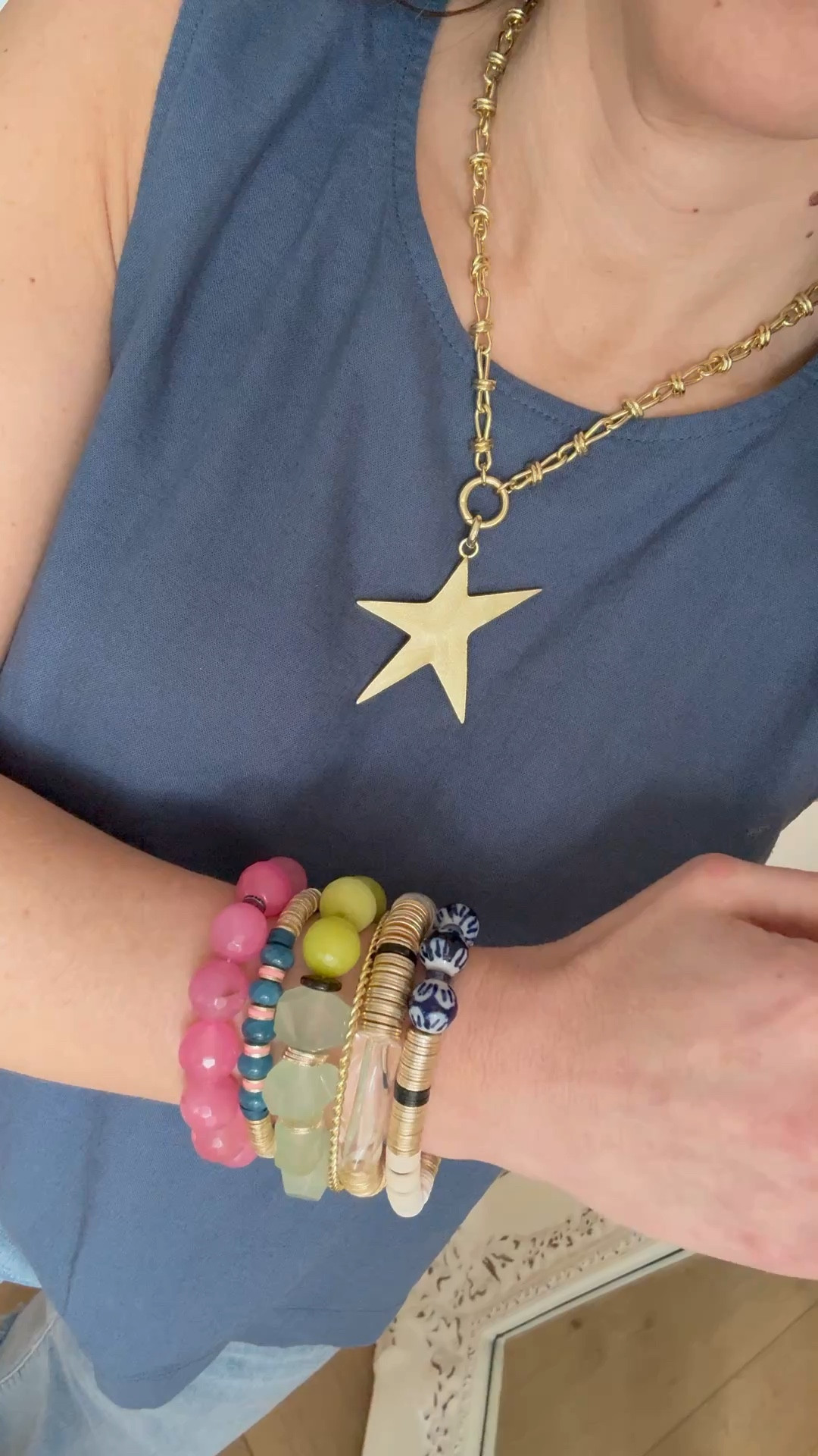 Code: TREAT25 on 4/13 only. Code HOUSEOFLEO20 after 4/12. Star necklace, beaded bracelets. Bracelet stack. 

#LTKOver40 #LTKSaleAlert