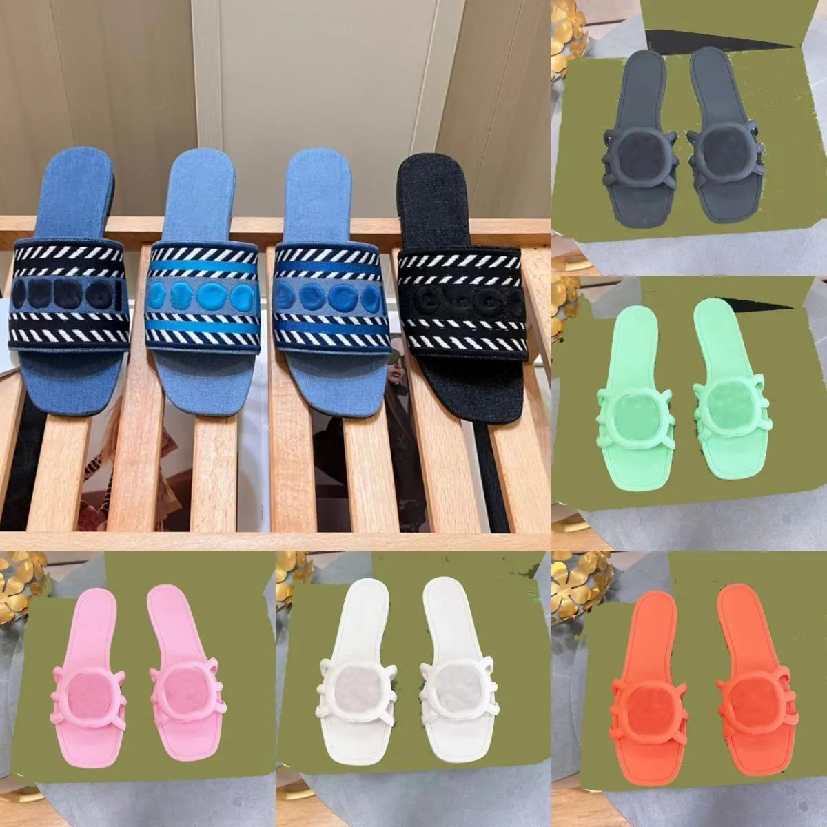 New Designer Denim slippers flat slides sandals web rubber slide Blue pink black floral canvas bl... | DHGate