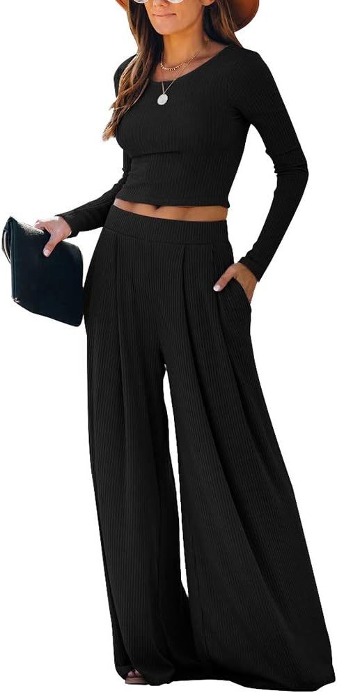WUSENST Wide Leg Pant Suits for Women Elegant 2 Piece Solid Outfits Long Sleeve Crop Top High Wai... | Amazon (US)