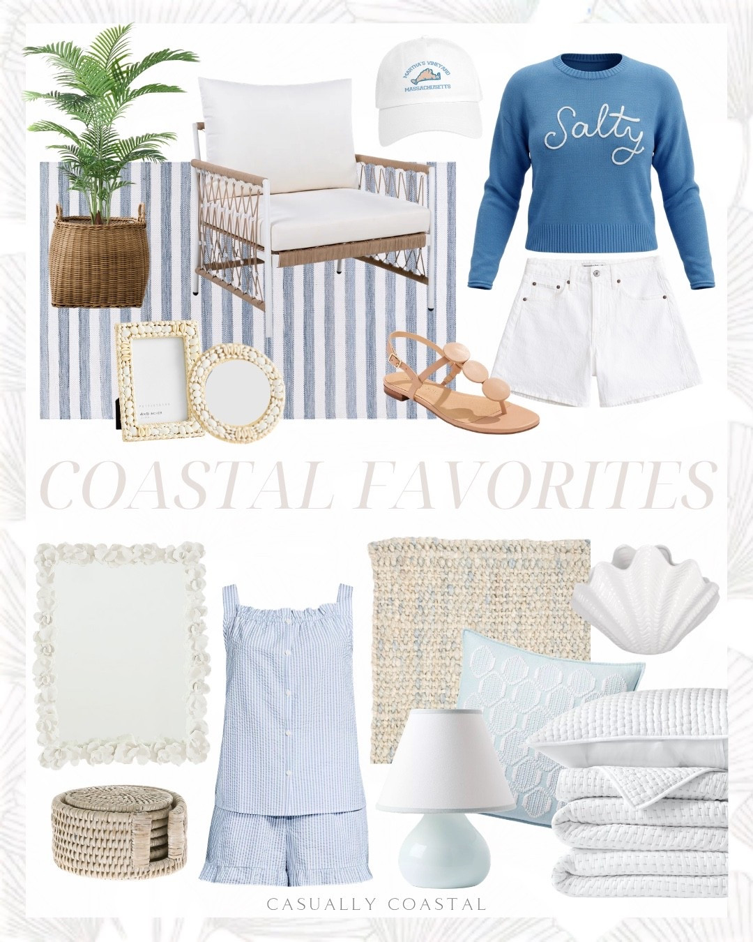 Coastal home decor, coastal style, coastal rug, coastal chair, summer sandals, summer outfit, white jean shorts, coastal lamp, coastal pillow, coastal outfit, lightwash handled planter basket, petite table lamp, Serena & lily lamp, wayfair rug, ivory and blue area rug, neutral rug, sky coastal pillow, woven rope lounge chair, seersucker pajama set, blue and white pajama set, coastal bedding, white seed stitch quilt, coaster set, artificial palm tree, stripe outdoor performance rug, west elm rug, salty sweater, white high rise dad short, jack rogers sandal, Martha’s Vineyard baseball cap, coastal mirror, white mirror, cane rectangle mirror with shelf, ceramic white shell

#LTKHome #LTKSeasonal