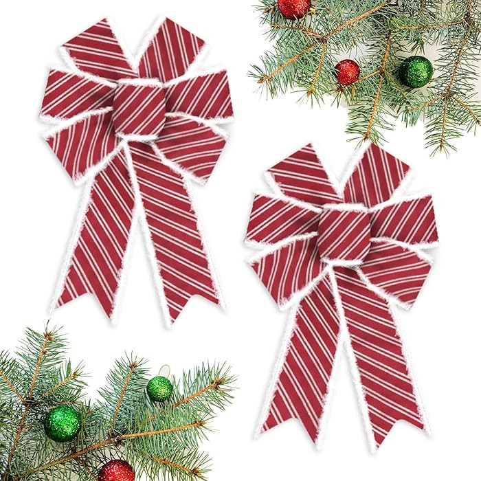 2 PCS Christmas Bows for Wreath, Xmas Wreath Bow for Front Door Wall Fence Decor Red White Stripe... | Amazon (US)