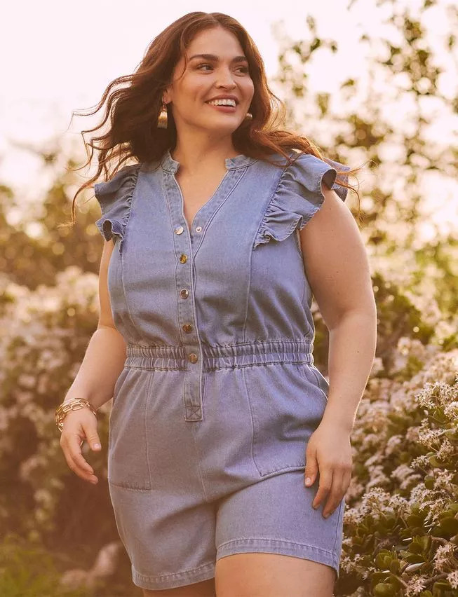 ELOQUII Elements Chambray Flutter Sleeve Romper | Eloquii