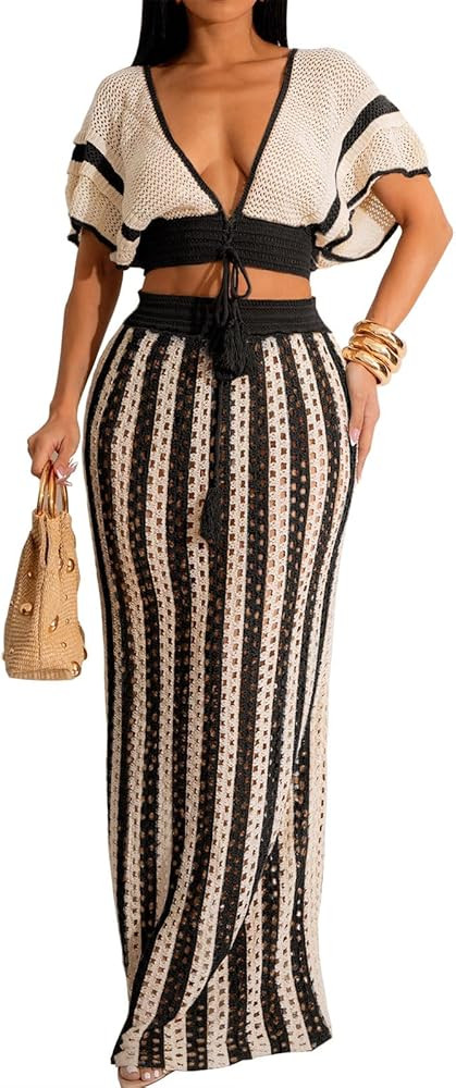 Angsuttc Skirt Sets Women 2 Piece Outfits Crochet Crop Tops and Striped Maxi Skirt Vacation Outfi... | Amazon (US)