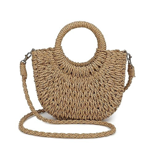Straw Beach Bag for Women,Summer Handwoven Tote Bags Semi-circle Rattan Straw Bag with Detachable Strap,Straw Shoulder Bag for Beach Travel (Brown) | Amazon (US)