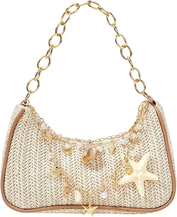 MakeMeChic Women's Straw Beach Purse Seashell Beaded Shoulder Handbags Summer Vacation Bags | Amazon (US)